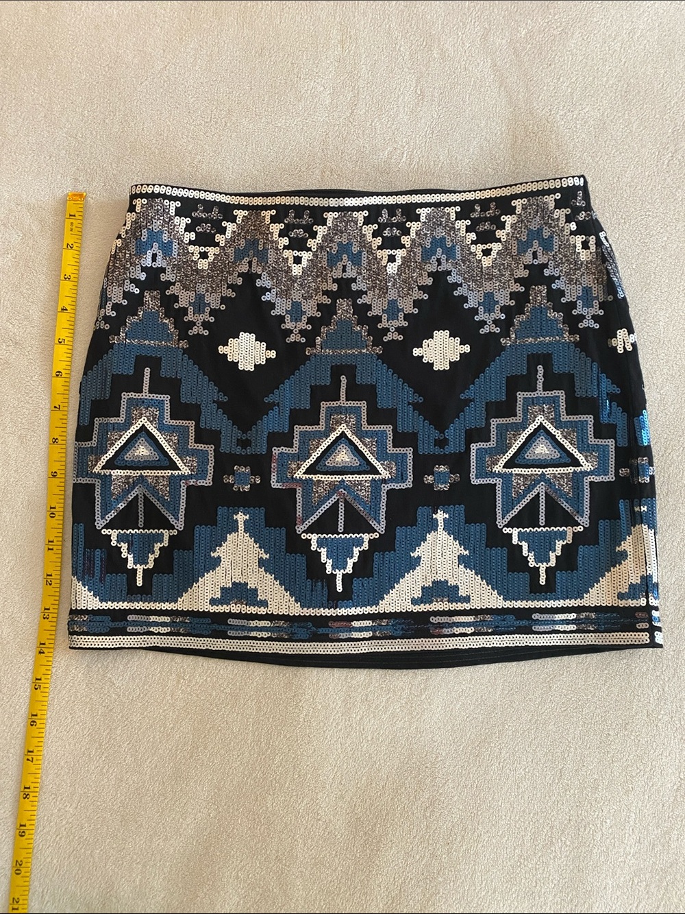 Express Blue, Black & Silver Sequin Aztec Mini Skirt